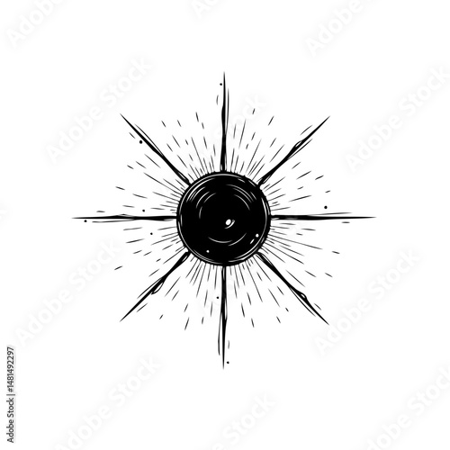 Stylized central sphere radiating spiky light beams on a white background