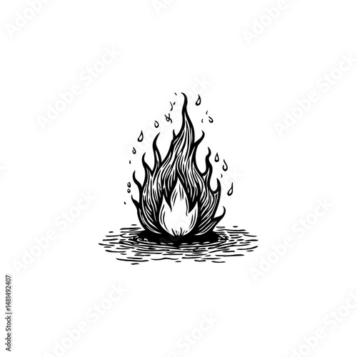 Monochrome stylized flames drawing illustration featuring dark shades and light highlights