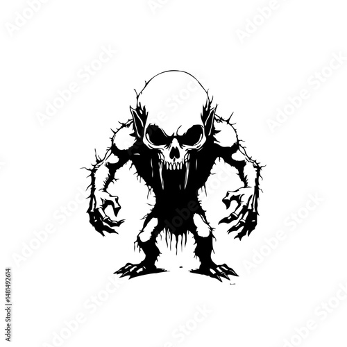 Monochromatic portrayal of a fantastical creature with skeletal and beastly features