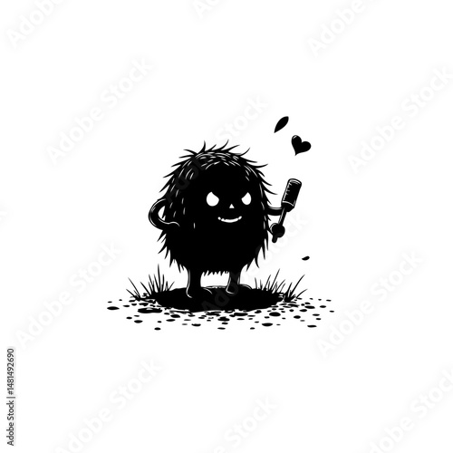 Dark whimsical creature holding smartphone with heart above, playful cartoon
