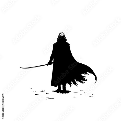 Silhouette of a hooded figure wielding a curved sword against a bright expanse