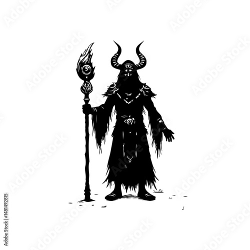 Silhouette of a horned figure wielding a staff, rendered in stark black and white