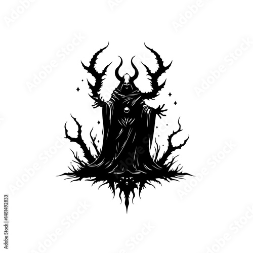 Ominous spectral being wielding astral power in an ethereal monochromatic illustration