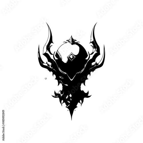 Intricate Abstract Black Emblem with Horned Wings on a White Background