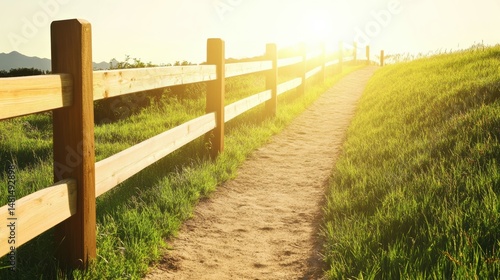 Rustic wooden fence framing sunlit grassy path leading to scenic horizon landscape nature background