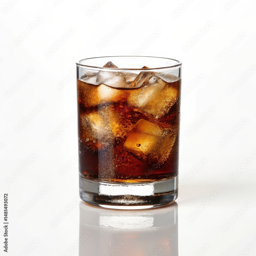 Classic rum and coke beverage served in a clear glass with ice cubes captured in high contrast side view style Classic rum and coke beverage served in a clear glass with ice cubes captured in high contrast side view style