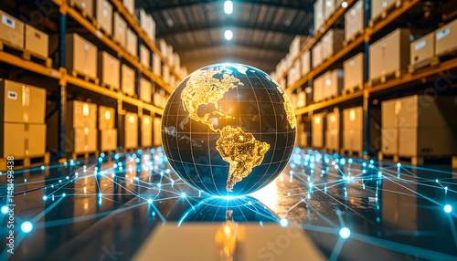 Glowing Globe Over Network Lines in Warehouse with Boxes on Shelves Represents Global Logistics and International Trade