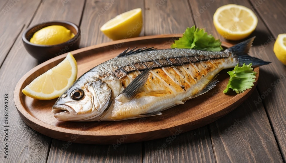 Fresh seafood meal of grilled fish with lemon and herbs on a white plate Fresh seafood meal of grilled fish with lemon and herbs on a white plate