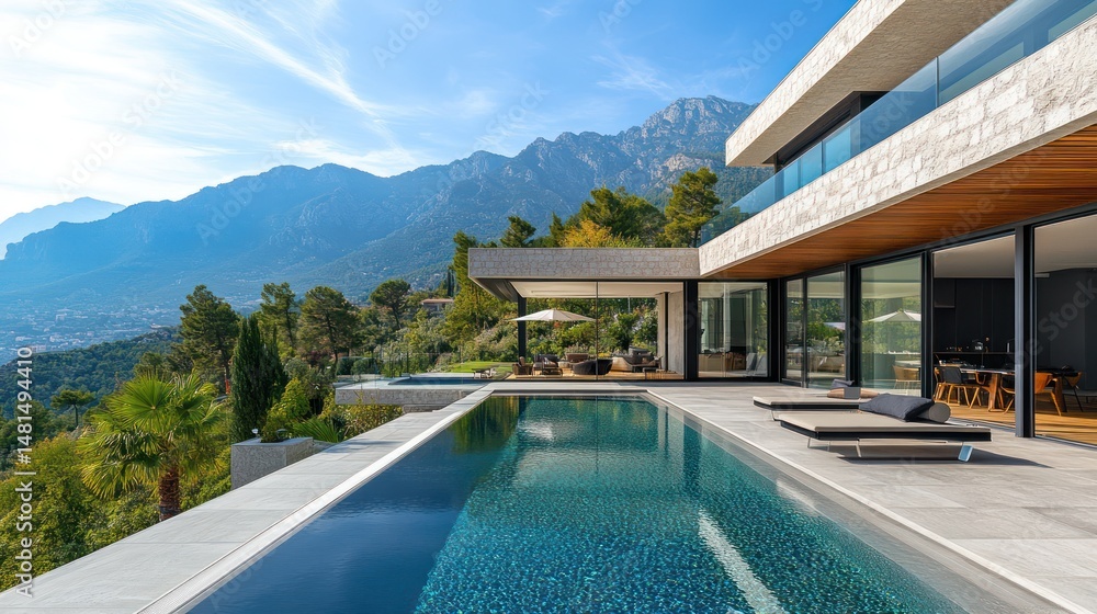Fototapeta premium Modern architectural villa with infinity pool overlooking mountain scenery