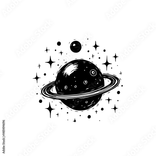 Whimsical planetary sketch with celestial rings and scattered cosmic glimmer