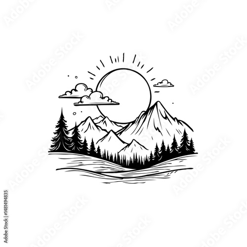 Minimalist landscape illustration of mountains, sun, trees, and clouds in line art