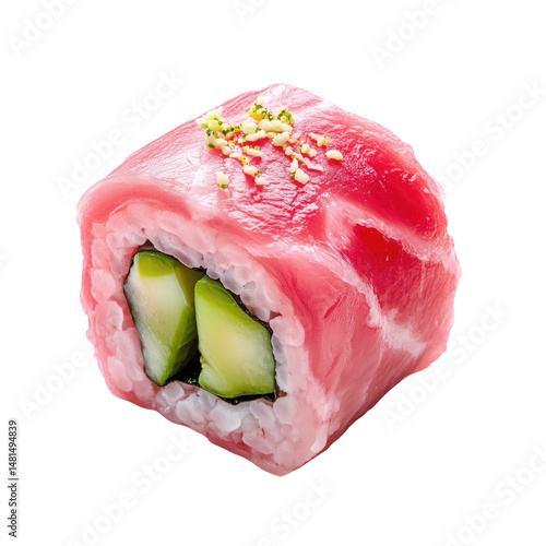 Fresh pink sushi roll with tuna and cucumber, garnished with sesame seeds, isolated on transparency background