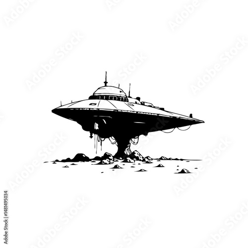 Monochrome illustration displaying unidentified flying object on rocky terrain