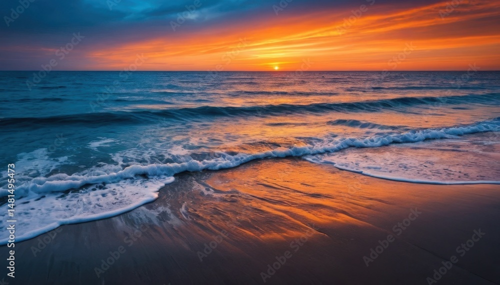 Obraz premium Golden sunlight reflects on the sea and wet sand during a vibrant sunset at the coast