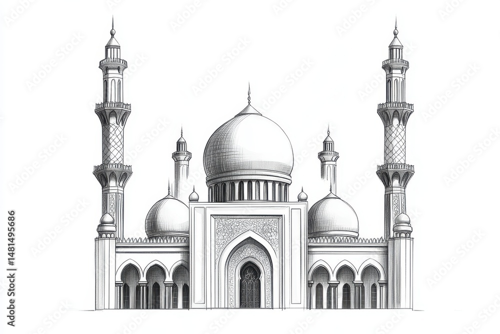 Obraz premium Detailed mosque sketch isolated on white background for architectural design, religious art.