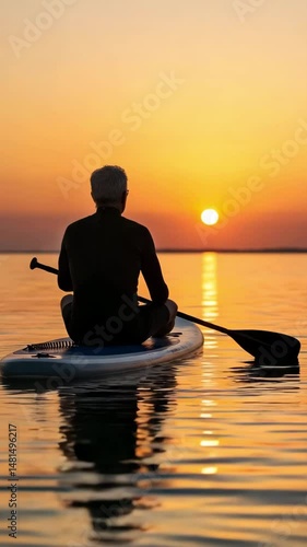 Wallpaper Mural Senior man sitting on paddleboard watching sunrise over calm water Torontodigital.ca