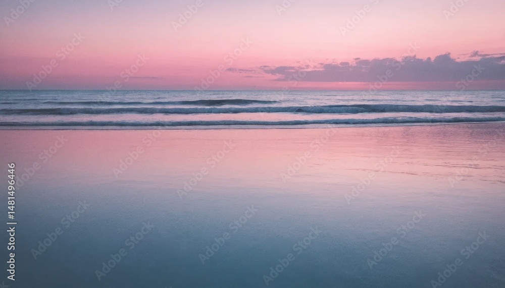 Obraz premium A serene sunrise paints the horizon orange over the calm sea, mirroring the sky as the sun begins its ascent, much like a peaceful sunset reflecting on a tranquil lake