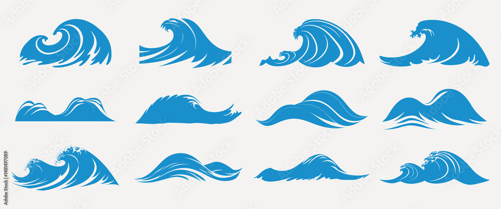 Fototapeta premium Stylized blue ocean waves, isolated element set vector