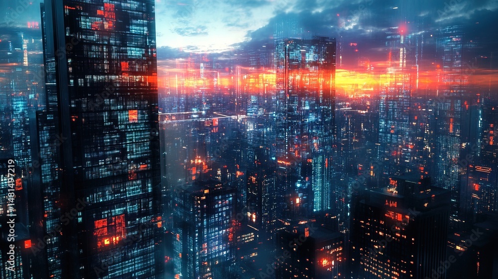 Fototapeta premium A high-tech AI-driven cityscape constantly reconfiguring with holographic buildings