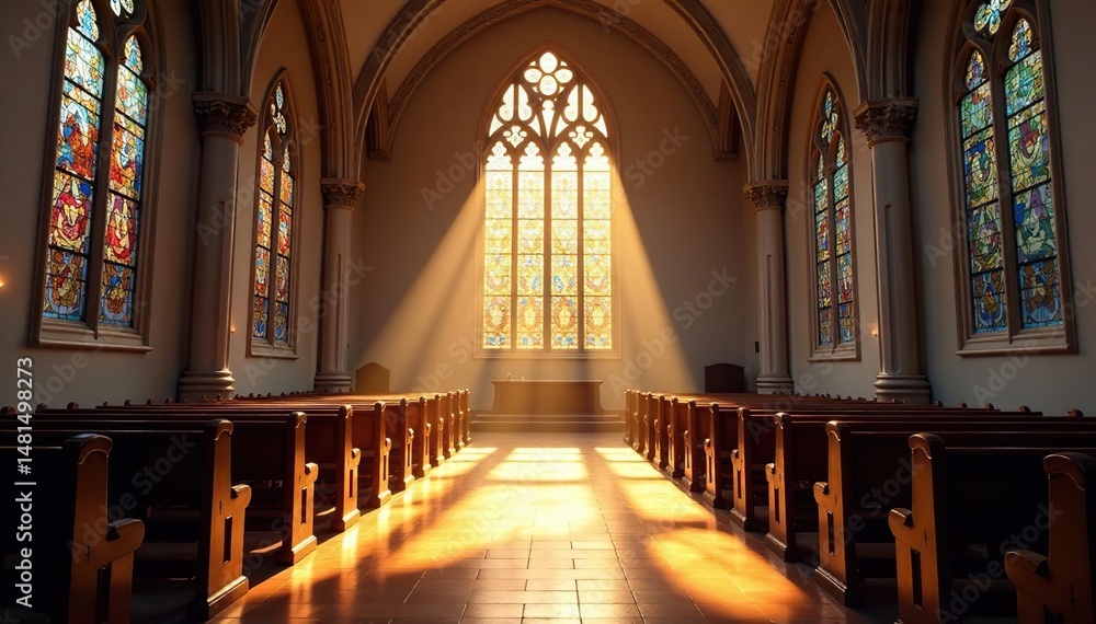 Obraz premium A peaceful church interior, sunlight streaming through stained glass windows , architecture, window