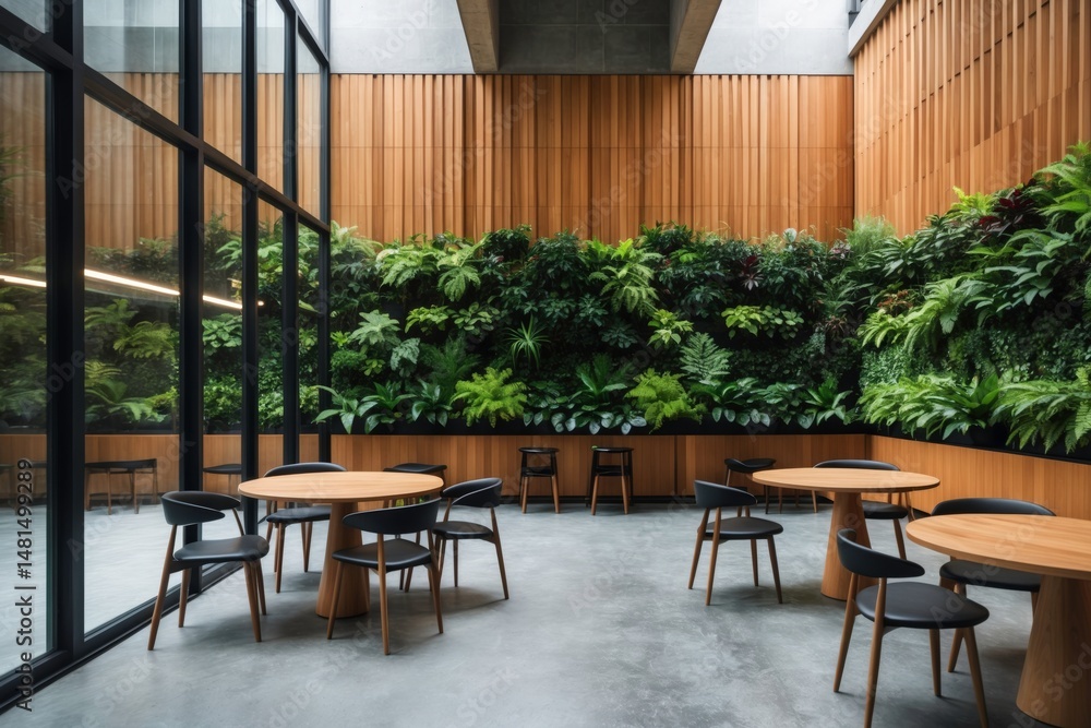 Obraz premium modern cafe design with wood walls green wall grey chairs