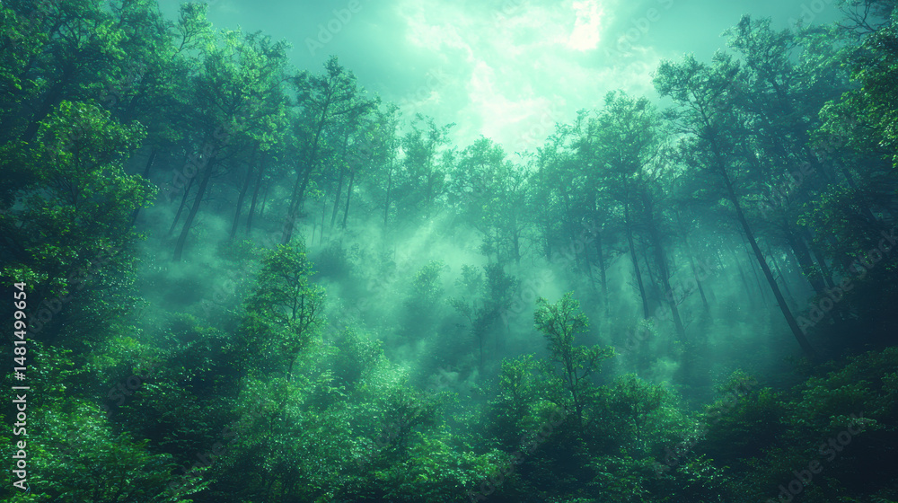 Fototapeta premium A misty embrace enveloped a verdant forest, where towering trees, their branches draped in an ethereal veil of white, seemed to stretch towards the heavens, creating a mesmerizing and serene