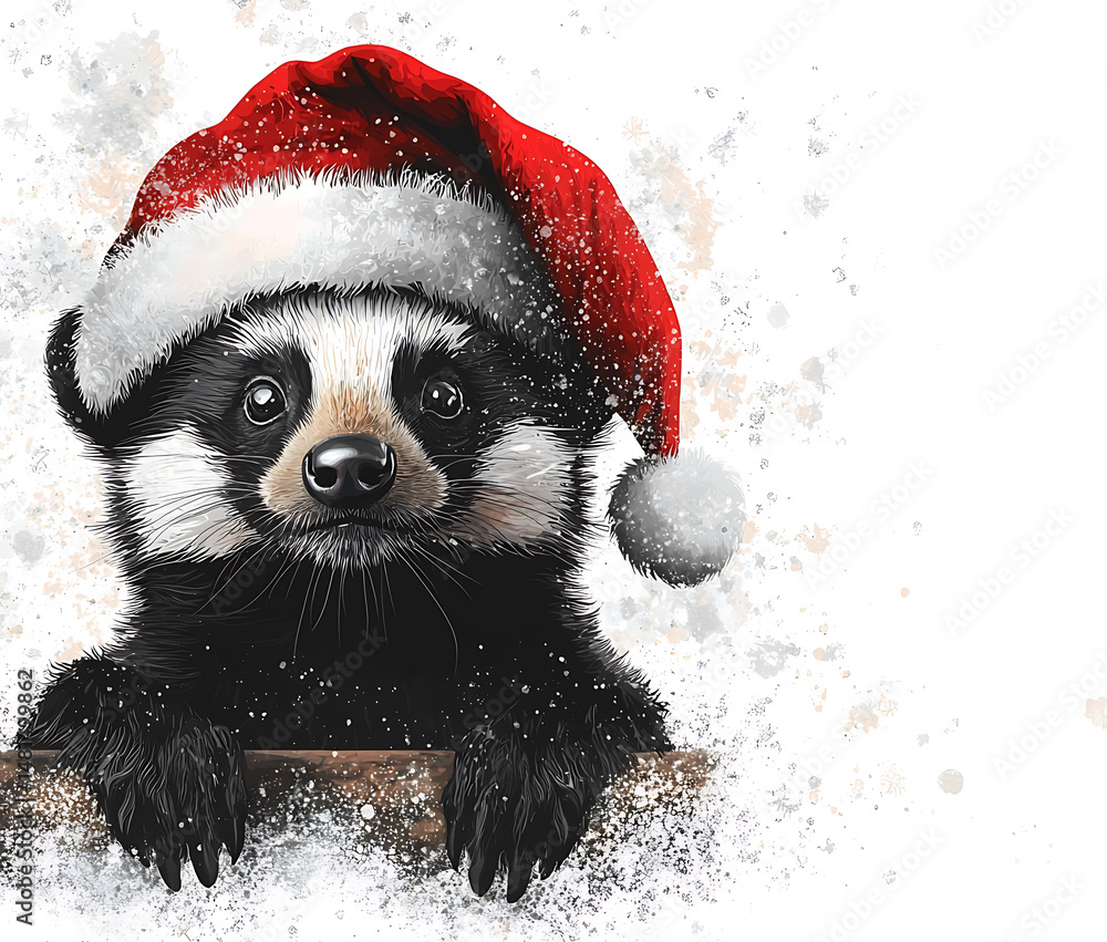 Cute honey badger wearing festive Santa hat, surrounded by snowy background, evokes joyful holiday spirit Cute honey badger wearing festive Santa hat, surrounded by snowy background, evokes joyful holiday spirit