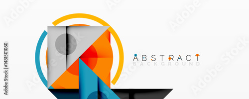 Geometric shapes overlap, creating vibrant modern design. Orange, blue, gray tones dominate composition. Minimalist aesthetic.
