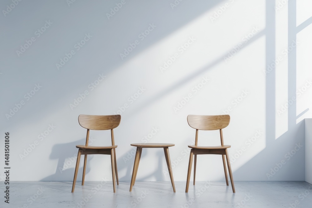 Obraz premium Table Chairs. Modern Interior with Wooden Chairs and Table against White Wall and Concrete Floor