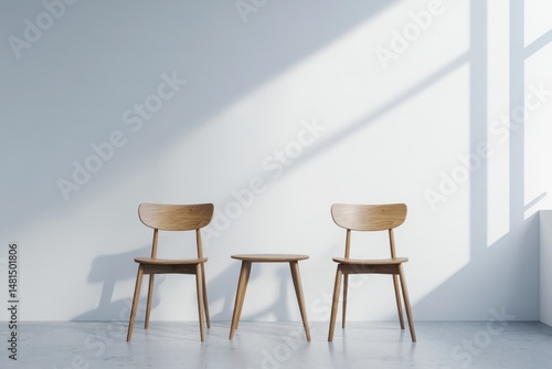 Wallpaper Mural Table Chairs. Modern Interior with Wooden Chairs and Table against White Wall and Concrete Floor Torontodigital.ca