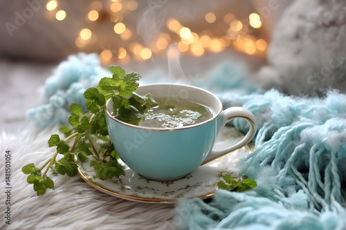 Cozy cup of tea with knit blanket and lights