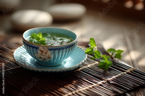 Green tea in ceramic bowl with herbs on bamboo mat	
