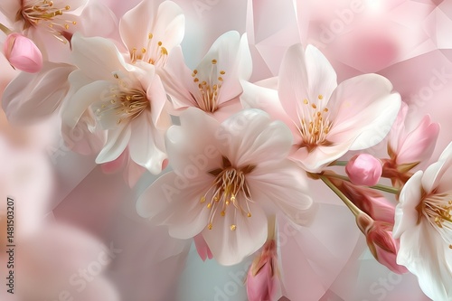 White cherry blossoms with soft light and petals	