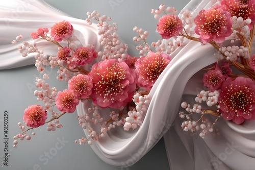 Pink flowers with tea cup and silk ribbon