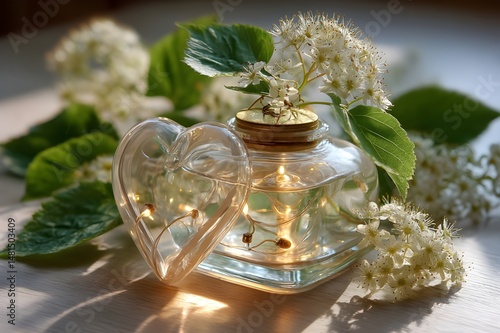 Two hearts in glass with candle and flowers