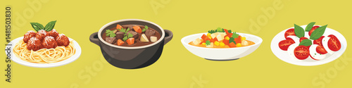 Illustration of various dishes: spaghetti, stew, vegetable salad, and caprese salad, vector set