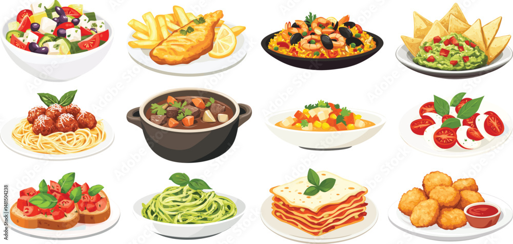 Illustration of various international dishes including pasta, paella, and guacamole, vector set Illustration of various international dishes including pasta, paella, and guacamole, vector set