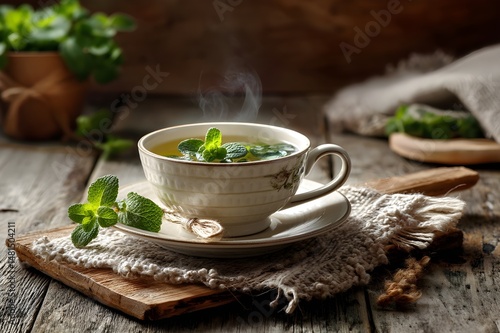 Herbal tea in vintage cup with wooden tray and herbs