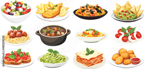 Illustration of various international dishes including pasta, paella, and guacamole, vector set