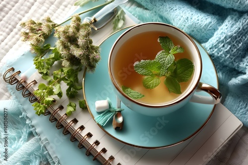 Turquoise tea cup on notebook with dried flowers