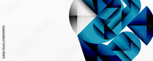 Abstract geometric shapes, blue hues dominate. Minimalist design, modern aesthetic, clean lines present. Composition focuses right side.