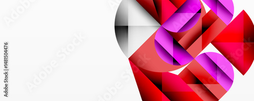 Abstract geometric shapes, vibrant reds, pinks, silver tones. Modern design, clean lines, minimalist aesthetic. Composition focuses right side.
