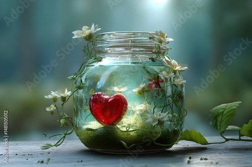 Glass jar with red heart and glowing lights in greenery	