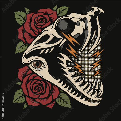 Dinosaur Skull Eye with Red Roses and Lightning Bolts Graphic