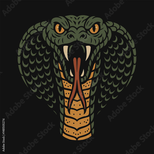 Stylized Cobra Illustration with Hood Displayed Threateningly on Black Background