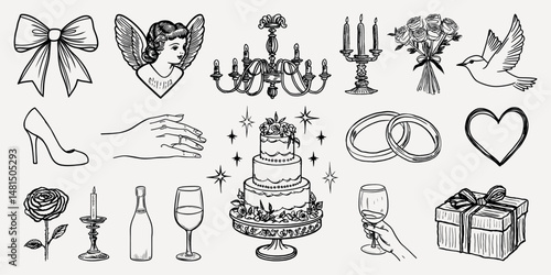 Elegant wedding celebration illustrations, isolated vector set