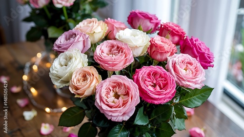 Magnificent bouquet of roses in assorted pastel colors, arranged beautifully on a table