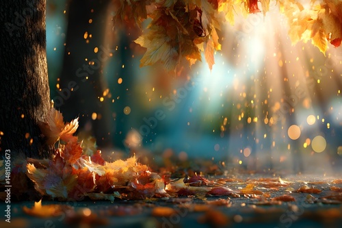 Autumn tree with glowing leaves and soft forest ambiance