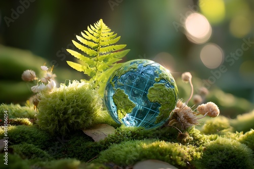 Earth inside a glass orb on forest moss
