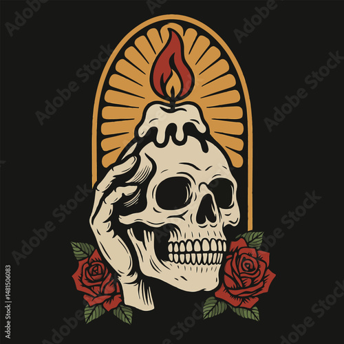 Skull Holding Candle with Roses Illustration in Vintage Style